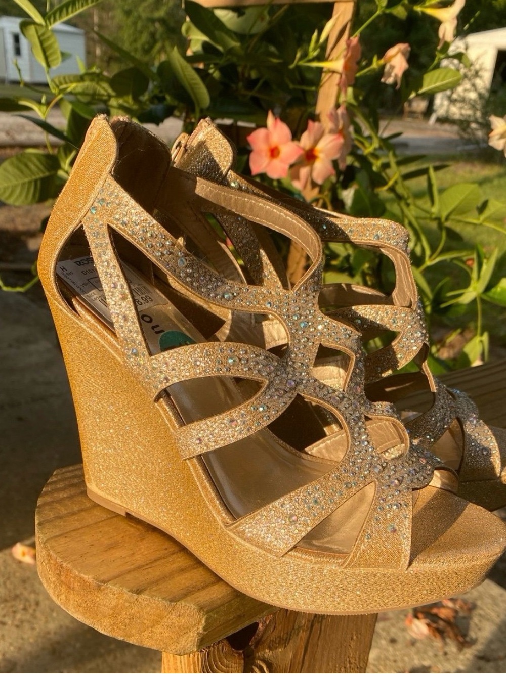 Dollhouse Gold Glitter Wedge Sandals with Crystal Straps